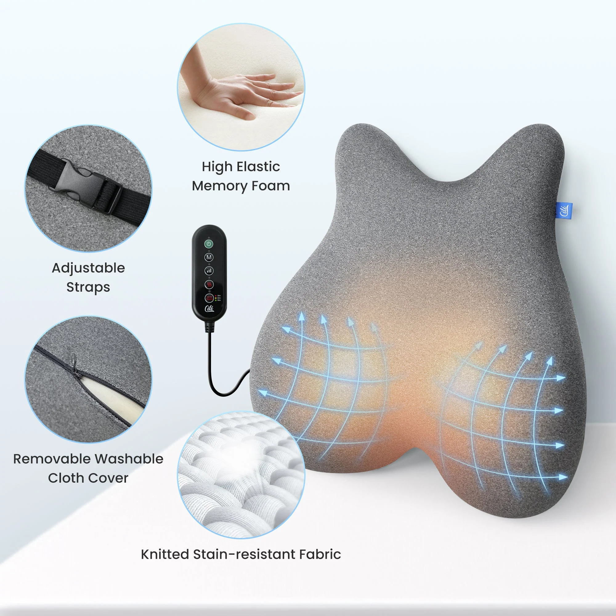Memory Foam Heated Lumbar Support Pillow with Vibration - 1307 - Image 2