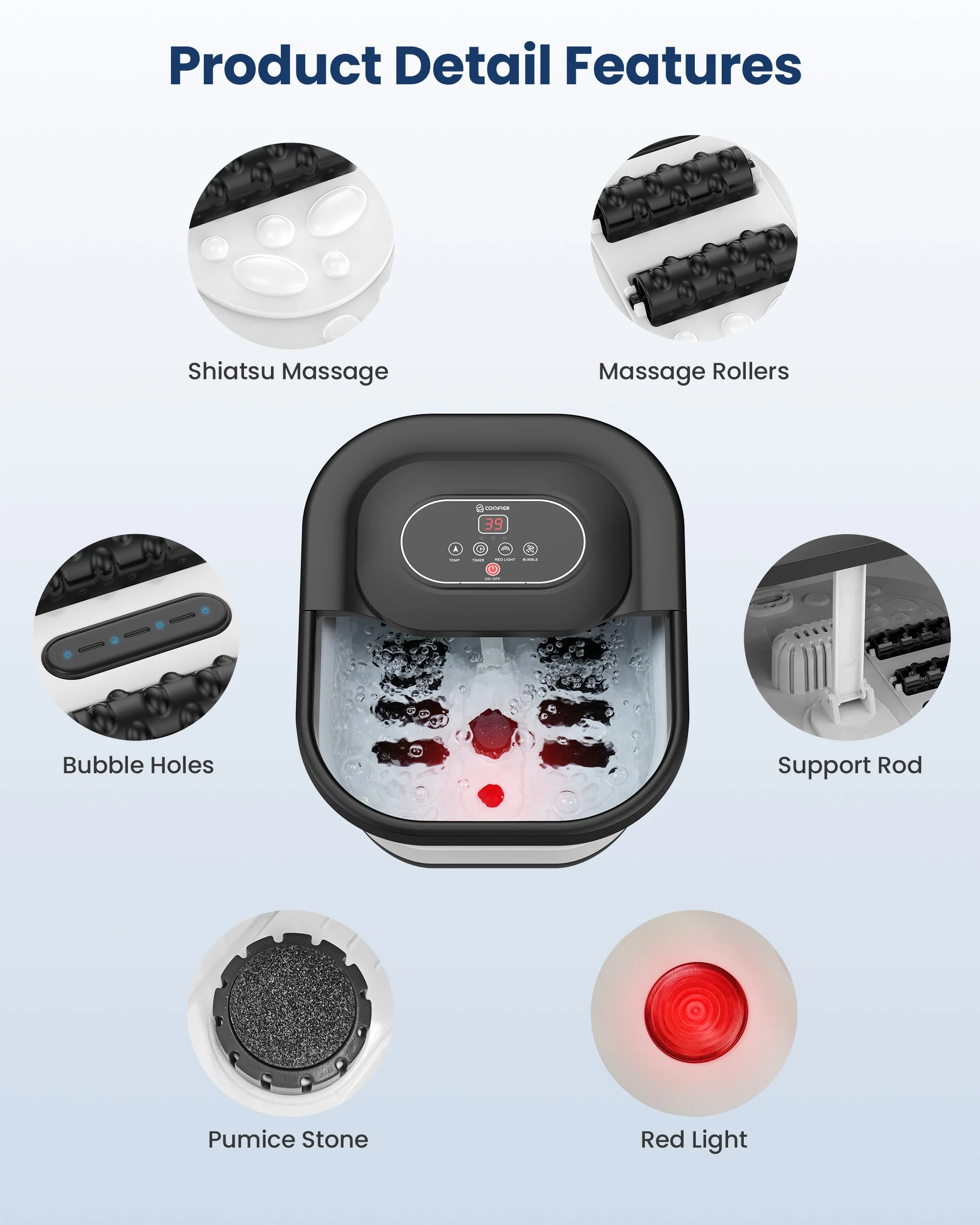 Collapsible Foot Spa Bath Massager with Bubbles, Red Light, Pumice Stone and Shiatsu Massage Rollers - 5415 - Image 2