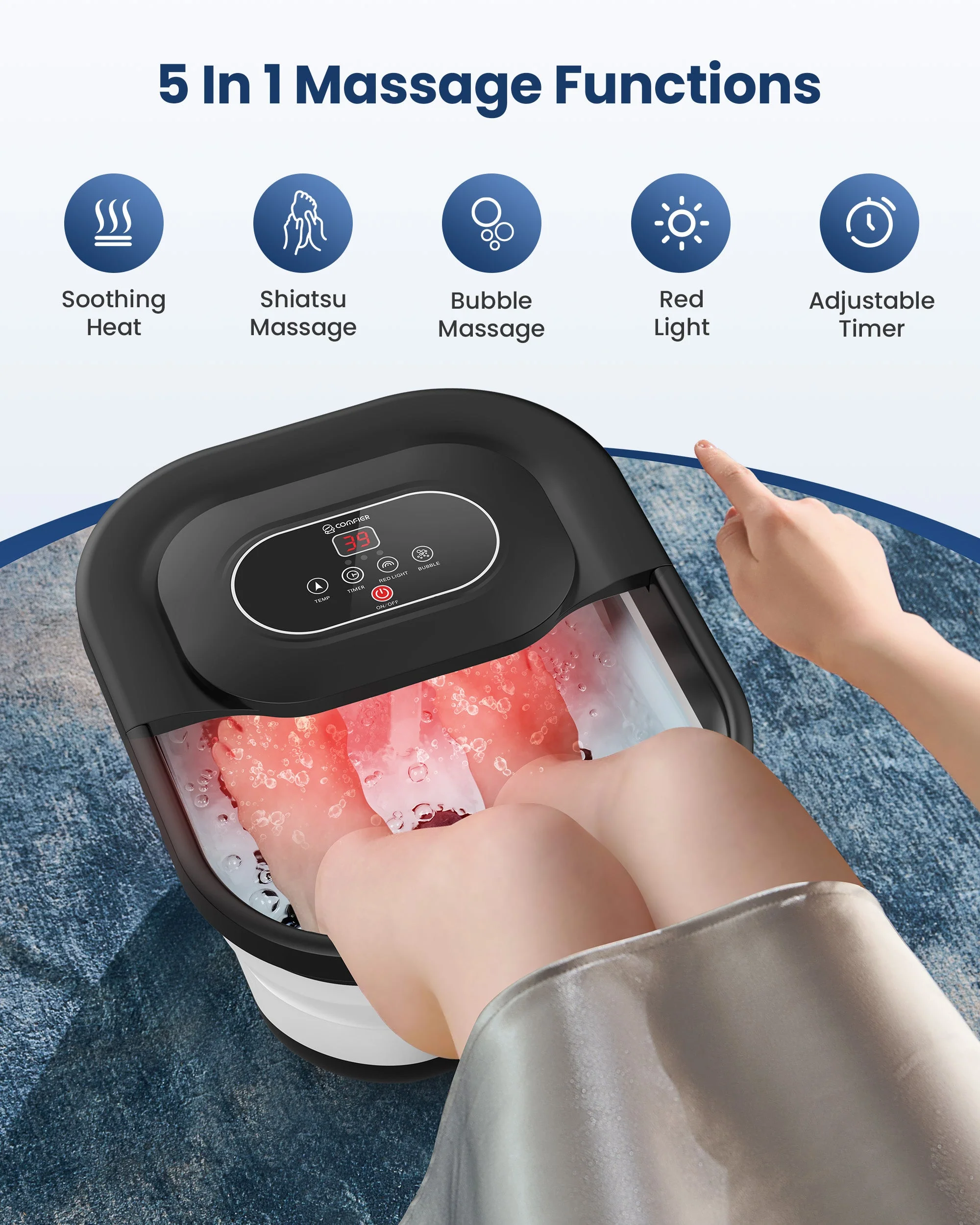 Collapsible Foot Spa Bath Massager with Bubbles, Red Light, Pumice Stone and Shiatsu Massage Rollers - 5415 - Image 8