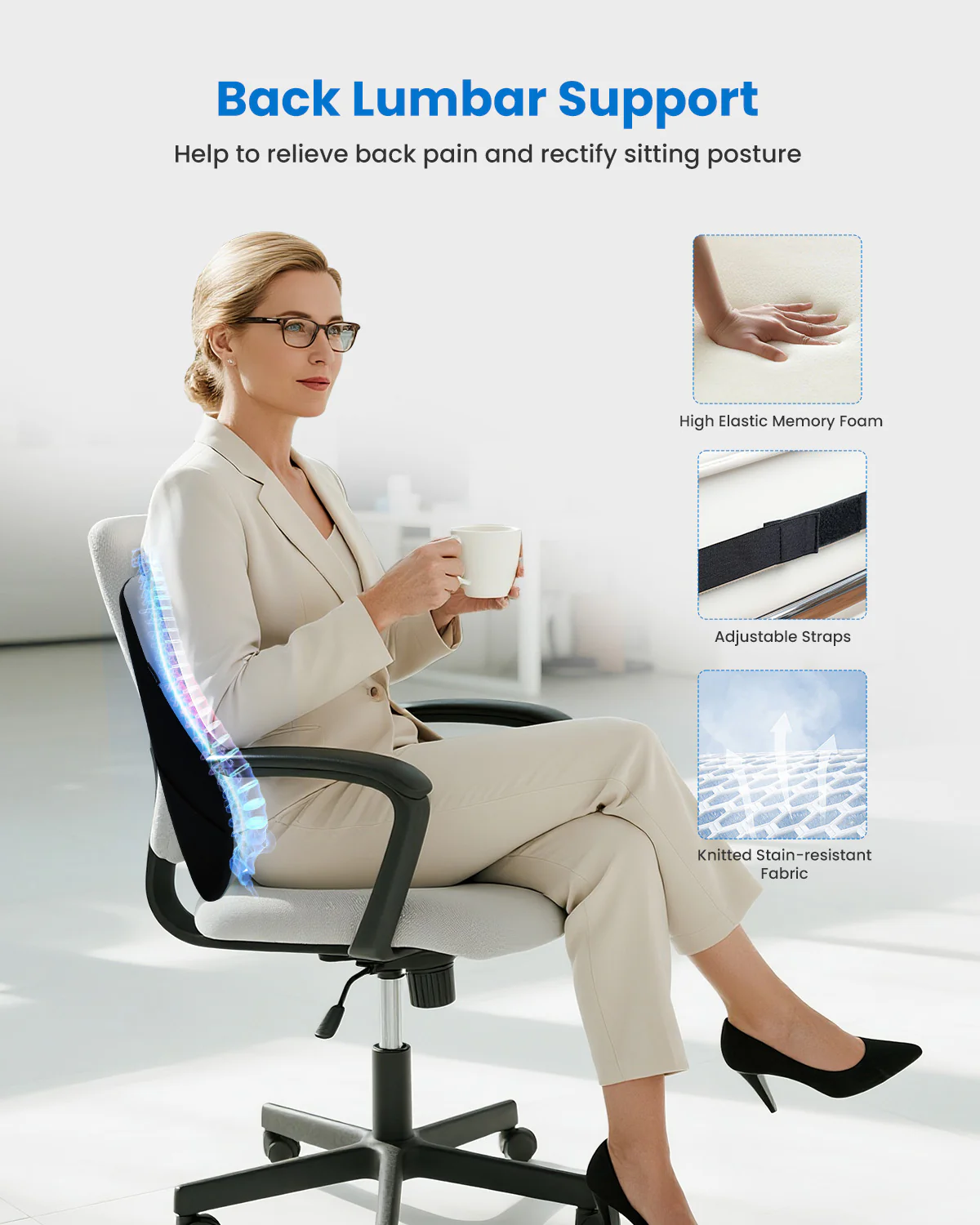 Lumbar Support Pillow for Office Chair, Vibration Massage Back Support - 1428 - Image 3