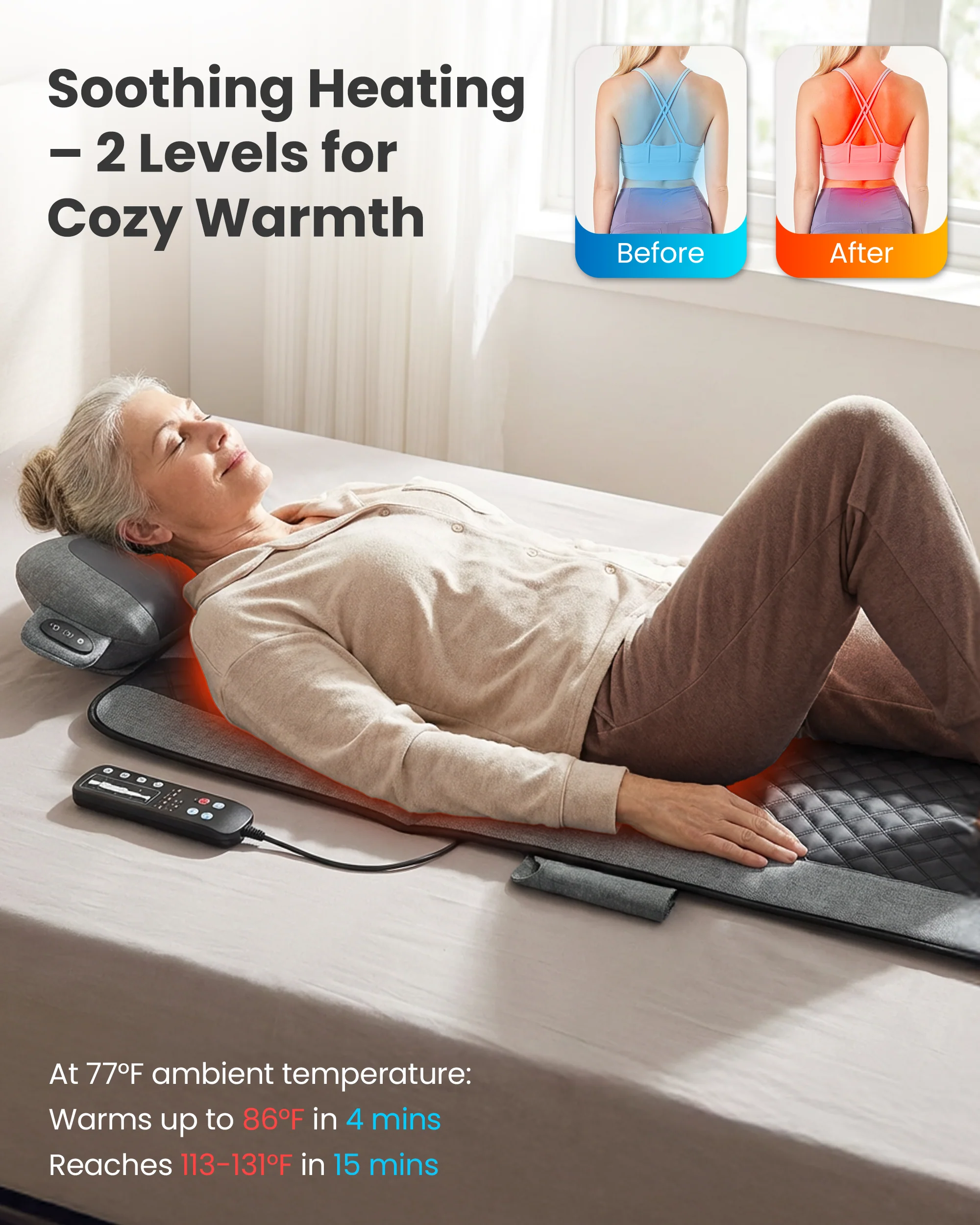 10-Motor Vibration Massage Mat with Detachable Shiatsu Neck Pillow - 3408 - Image 3