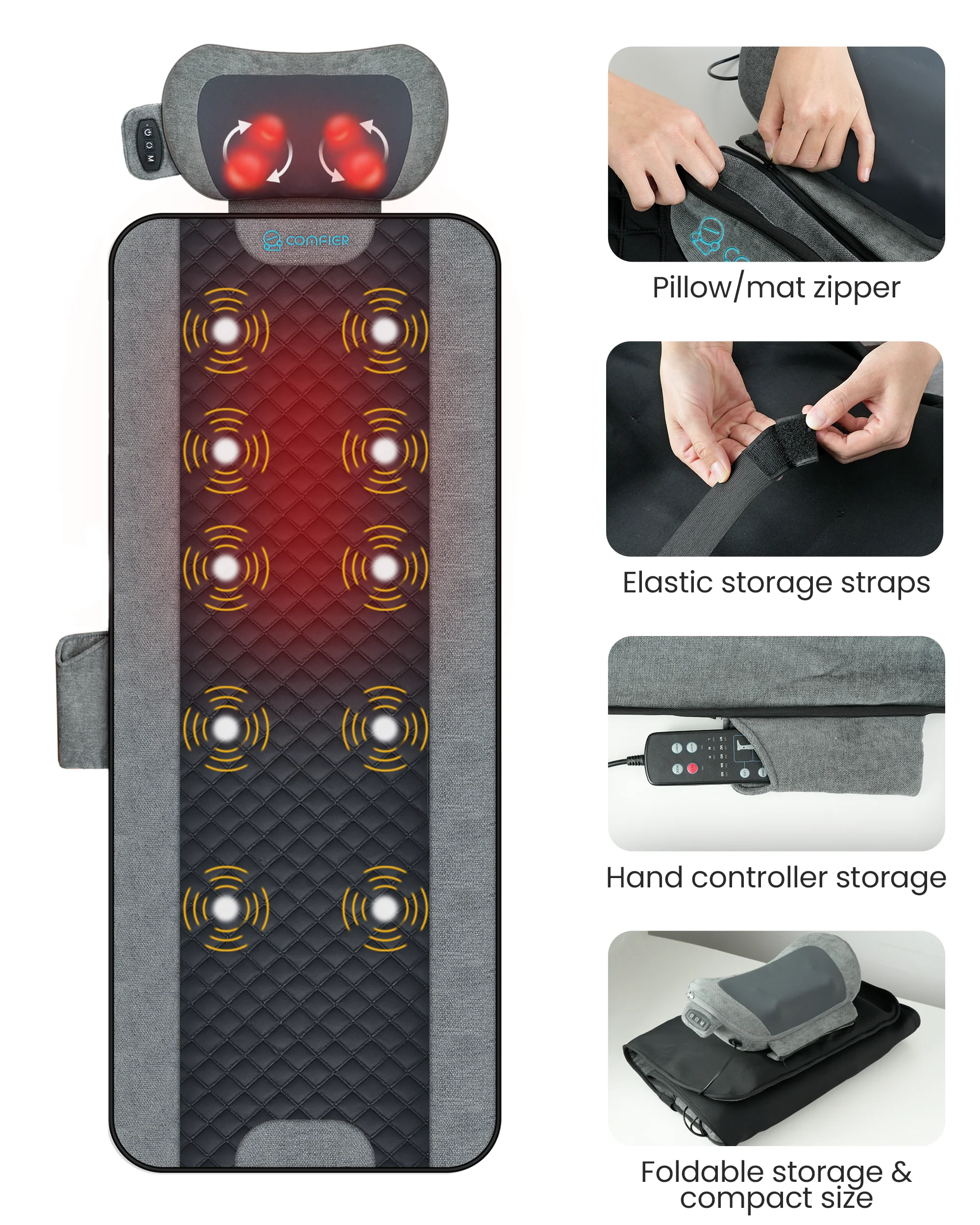 10-Motor Vibration Massage Mat with Detachable Shiatsu Neck Pillow - 3408 - Image 7